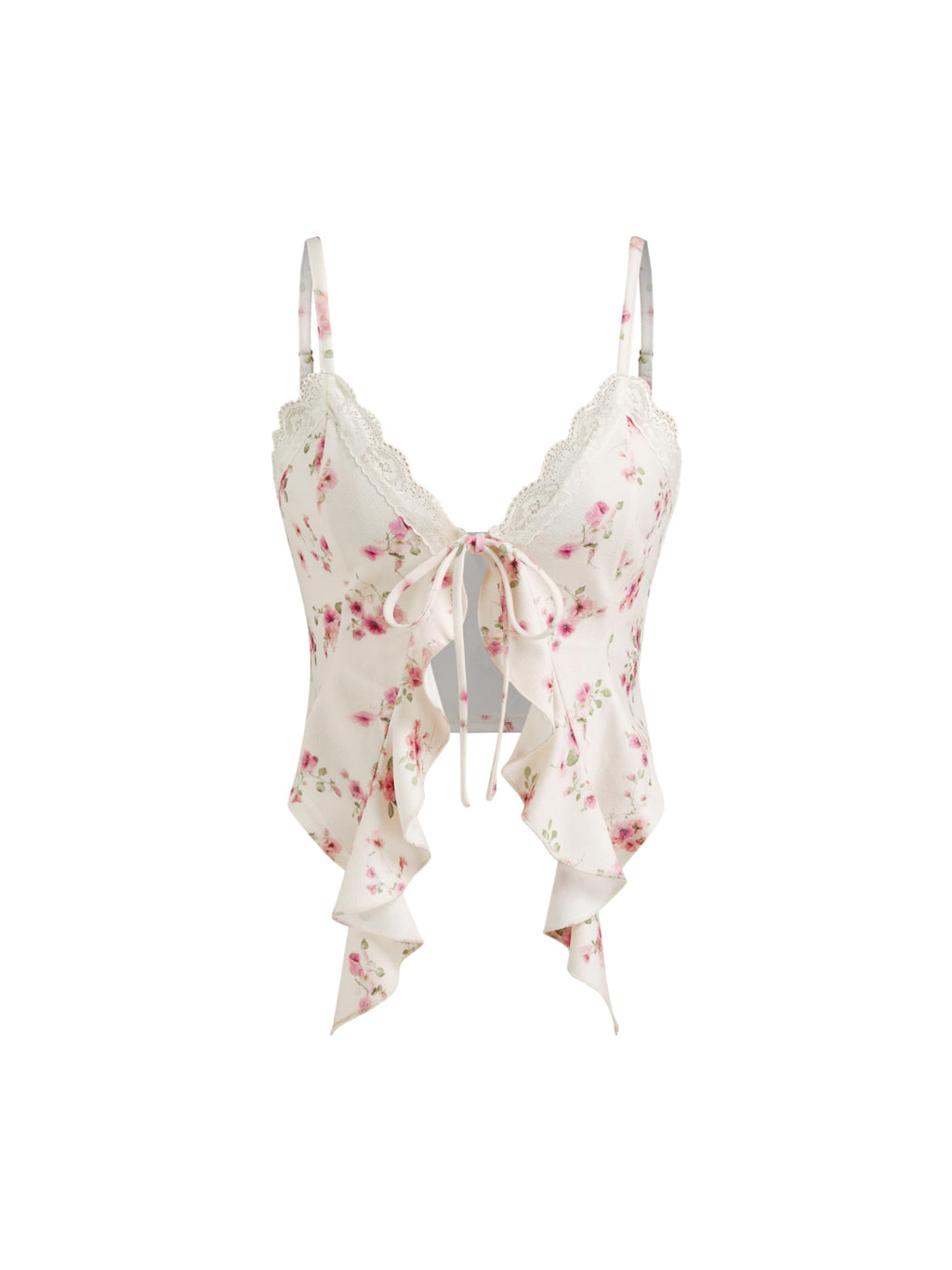 CIDER Going Out Tops for Women Y2K Tie Front Asymmetrical Ruffle Hem Lace Spaghetti Strap Cowgirl Crop Tops