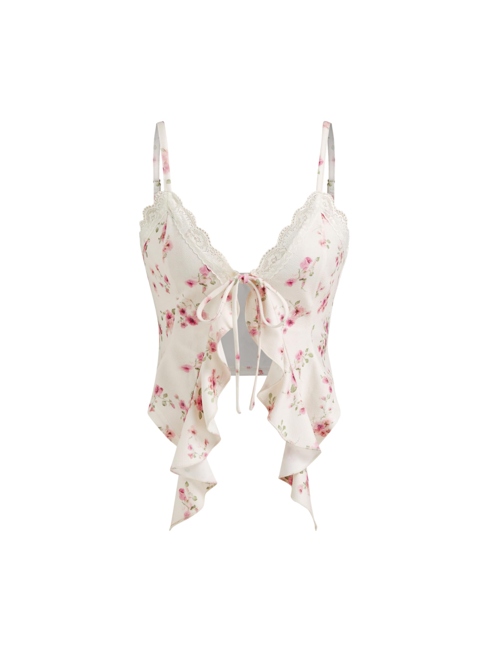 CIDER Going Out Tops for Women Y2K Tie Front Asymmetrical Ruffle Hem Lace Spaghetti Strap Cowgirl Crop Tops