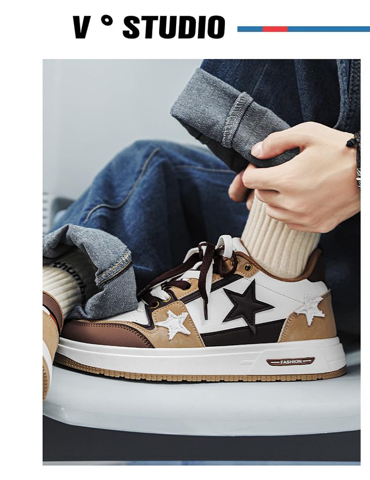 Y2K Retro Mixed Media Platform Skate Sneakers for Men Casual Streetwear Fashion with Raw Edge Distressed Star Applique