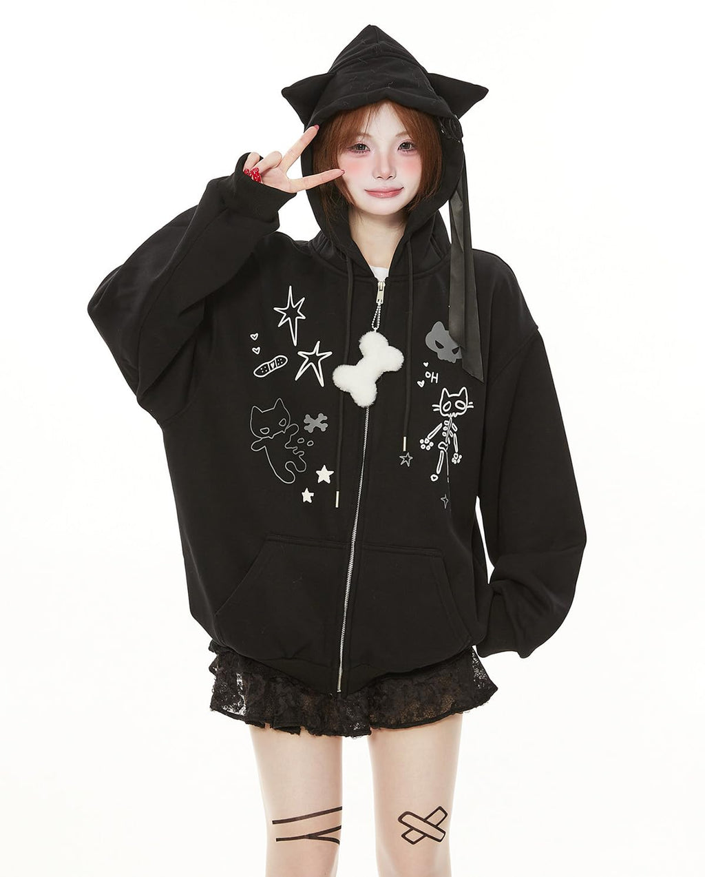 Womens Y2K Zip Up Cute Graphic Hoodies Cat Ears Casual Cartoon Harajuku Kawaii Clothes Oversize Streetwear Jacket