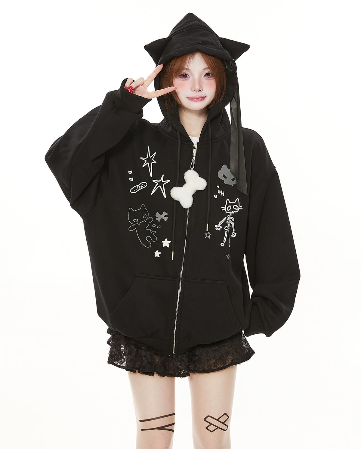 Womens Y2K Zip Up Cute Graphic Hoodies Cat Ears Casual Cartoon Harajuku Kawaii Clothes Oversize Streetwear Jacket
