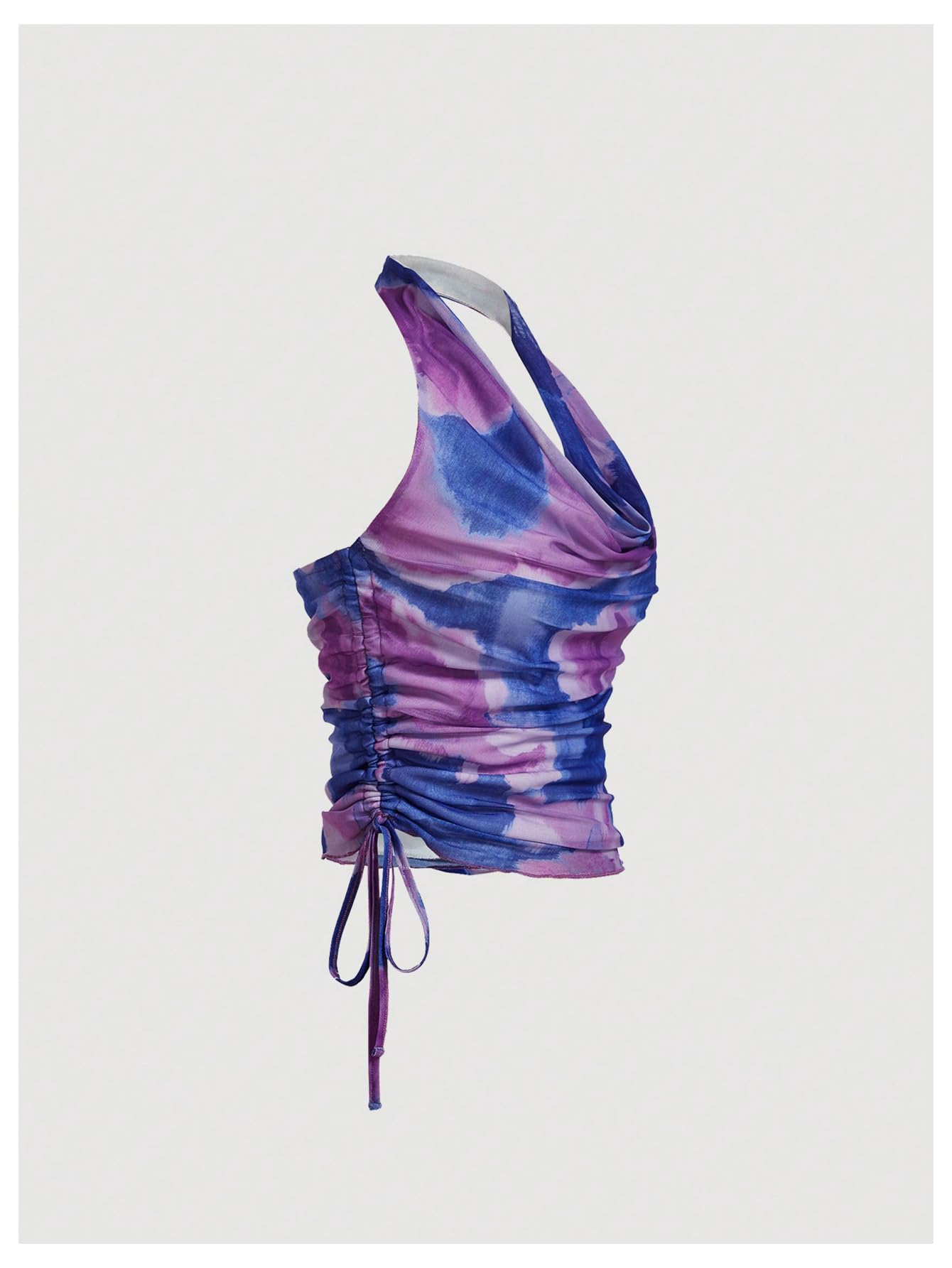 SHENHE Women's Tie Dye Halter Neck Draped Front Ruched Drawstring Backless Crop Top
