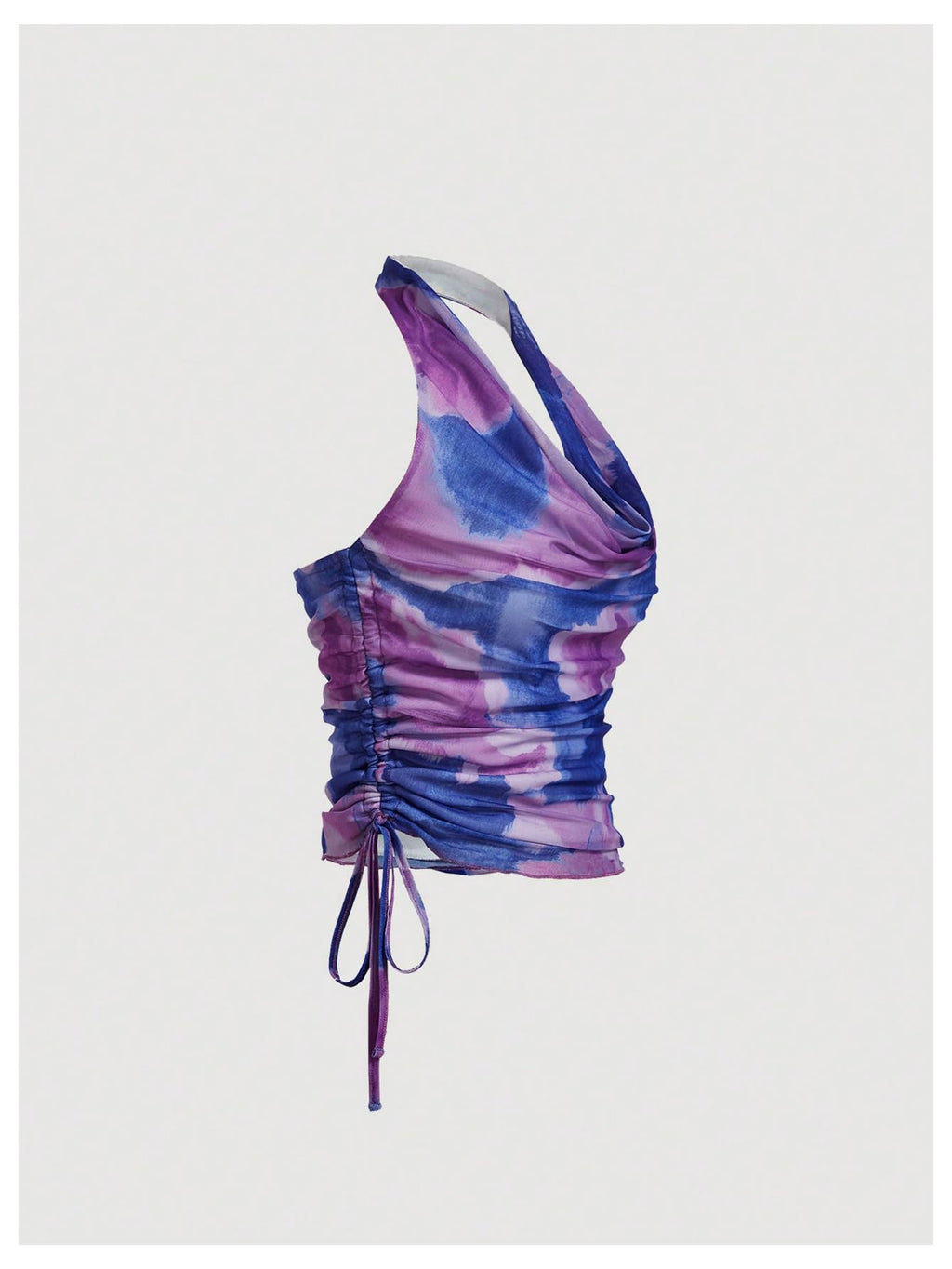 SHENHE Women's Tie Dye Halter Neck Draped Front Ruched Drawstring Backless Crop Top