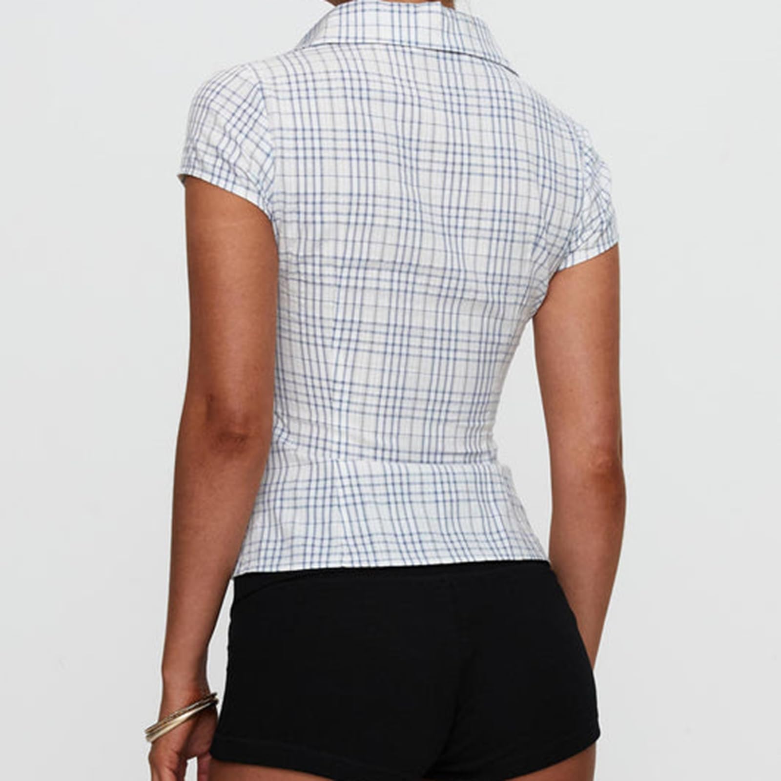 Women Y2k Short Sleeve Button Up Shirt Lapel Collar V Neck Plaid Open Front Blouse Basic Casual Going Out T-Shirt