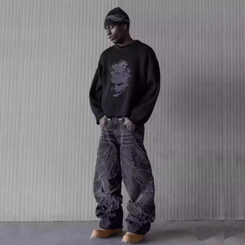 Y2K Men's Street Retro Hip-hop Flame Splicing Wide Leg Gothic Loose Jeans
