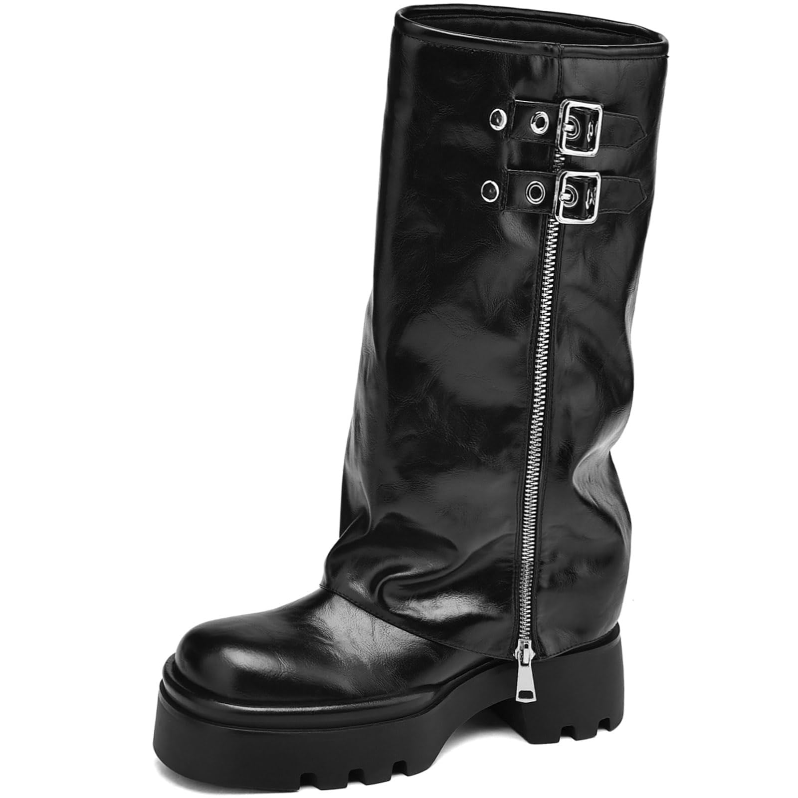 Women's Knee High Boots Buckle Moto Biker Boots for Women Platform Fold Over Tall Boots Chunky Low Heel Wide Calf Boots