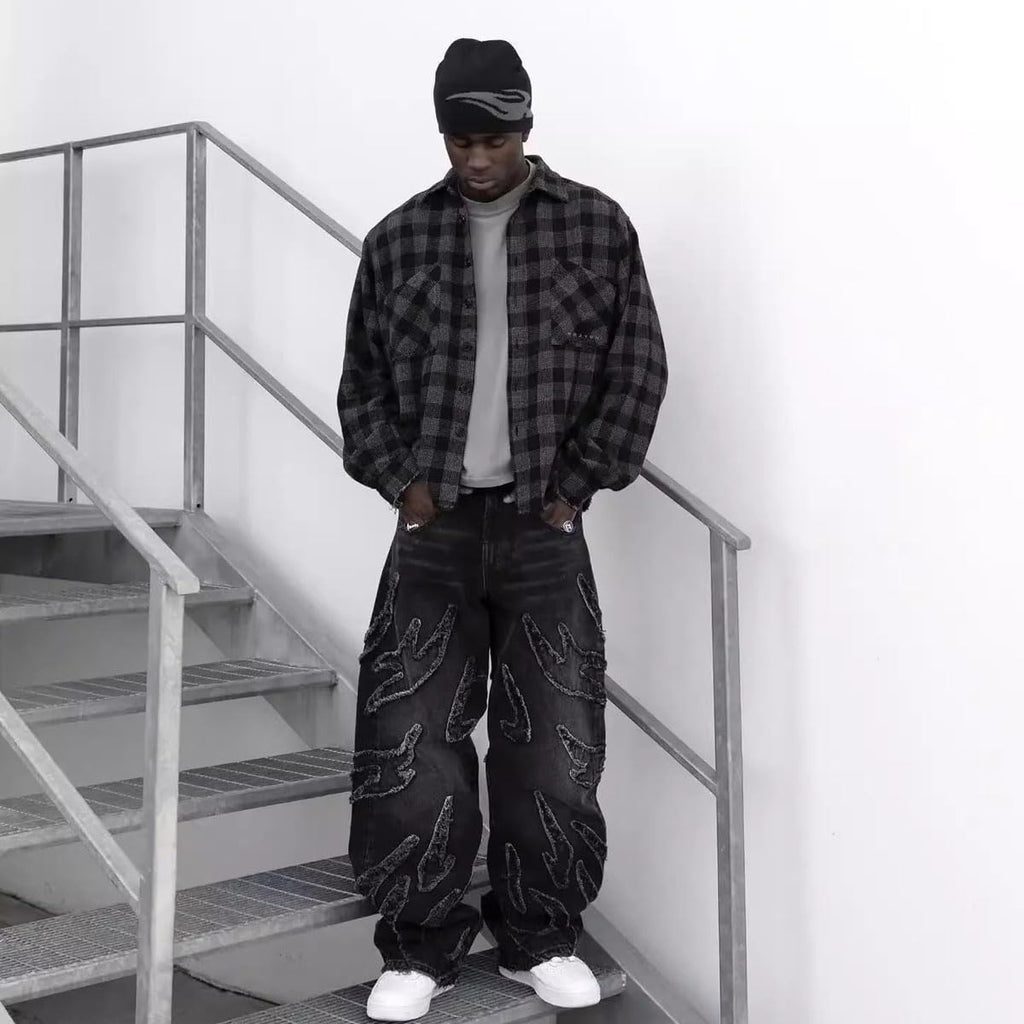 Y2K Men's Street Retro Hip-hop Flame Splicing Wide Leg Gothic Loose Jeans