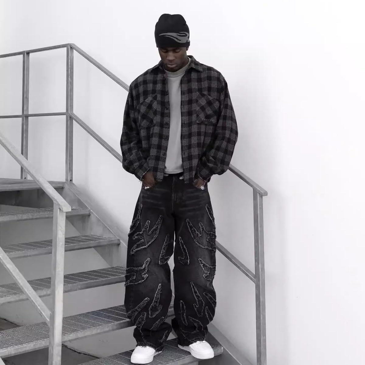 Y2K Men's Street Retro Hip-hop Flame Splicing Wide Leg Gothic Loose Jeans