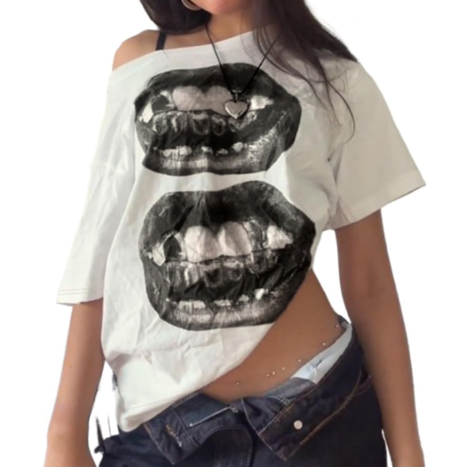 Off The Shoulder Cute Shirts for Women Oversized Tshirt Y2k Graphic Tee Lips Print Baggy Shirts Vintage Tops