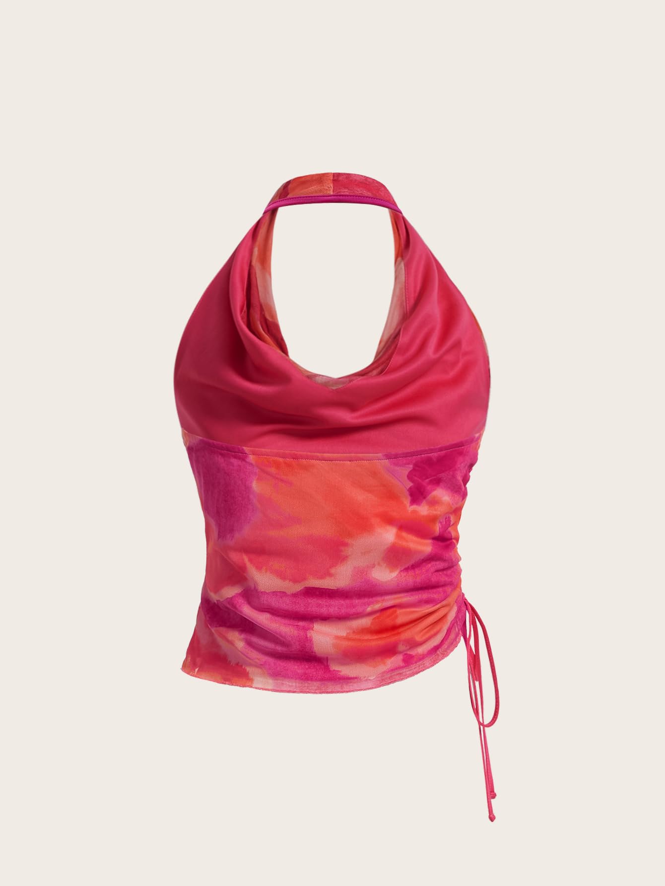 SHENHE Women's Tie Dye Halter Neck Draped Front Ruched Drawstring Backless Crop Top