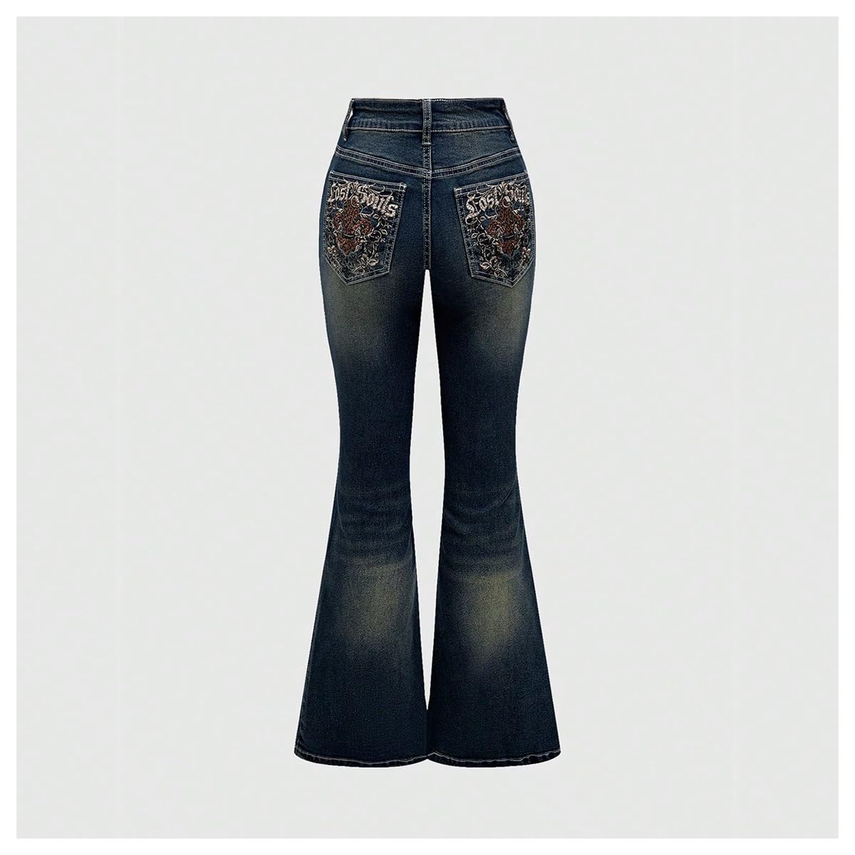 MakeMeChic Women's Flared Jeans Bell Bottom Jeans Embroidered Y2K High Waist Stretchy Denim Pants