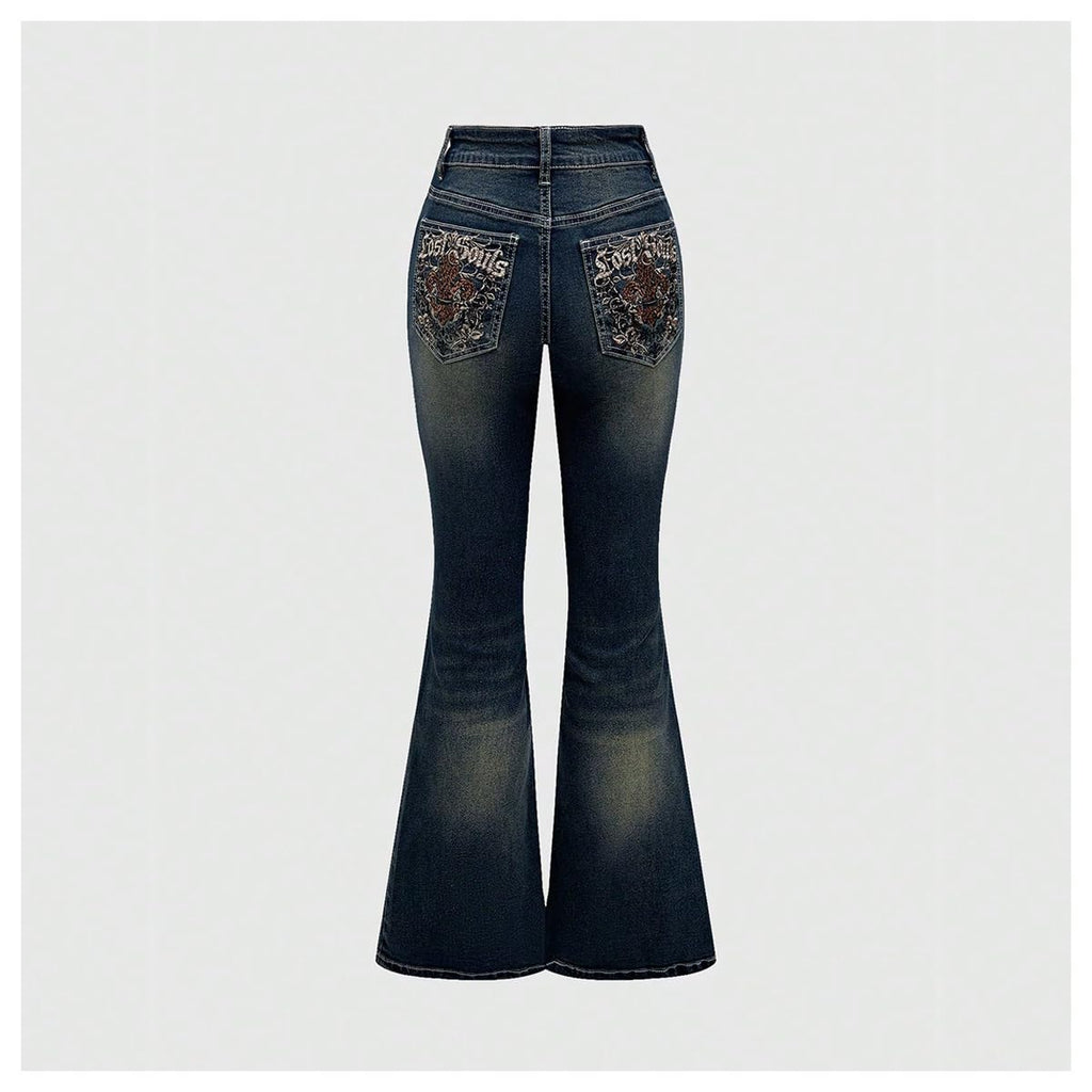 MakeMeChic Women's Flared Jeans Bell Bottom Jeans Embroidered Y2K High Waist Stretchy Denim Pants