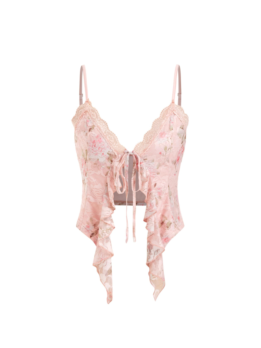 CIDER Going Out Tops for Women Y2K Tie Front Asymmetrical Ruffle Hem Lace Spaghetti Strap Cowgirl Crop Tops