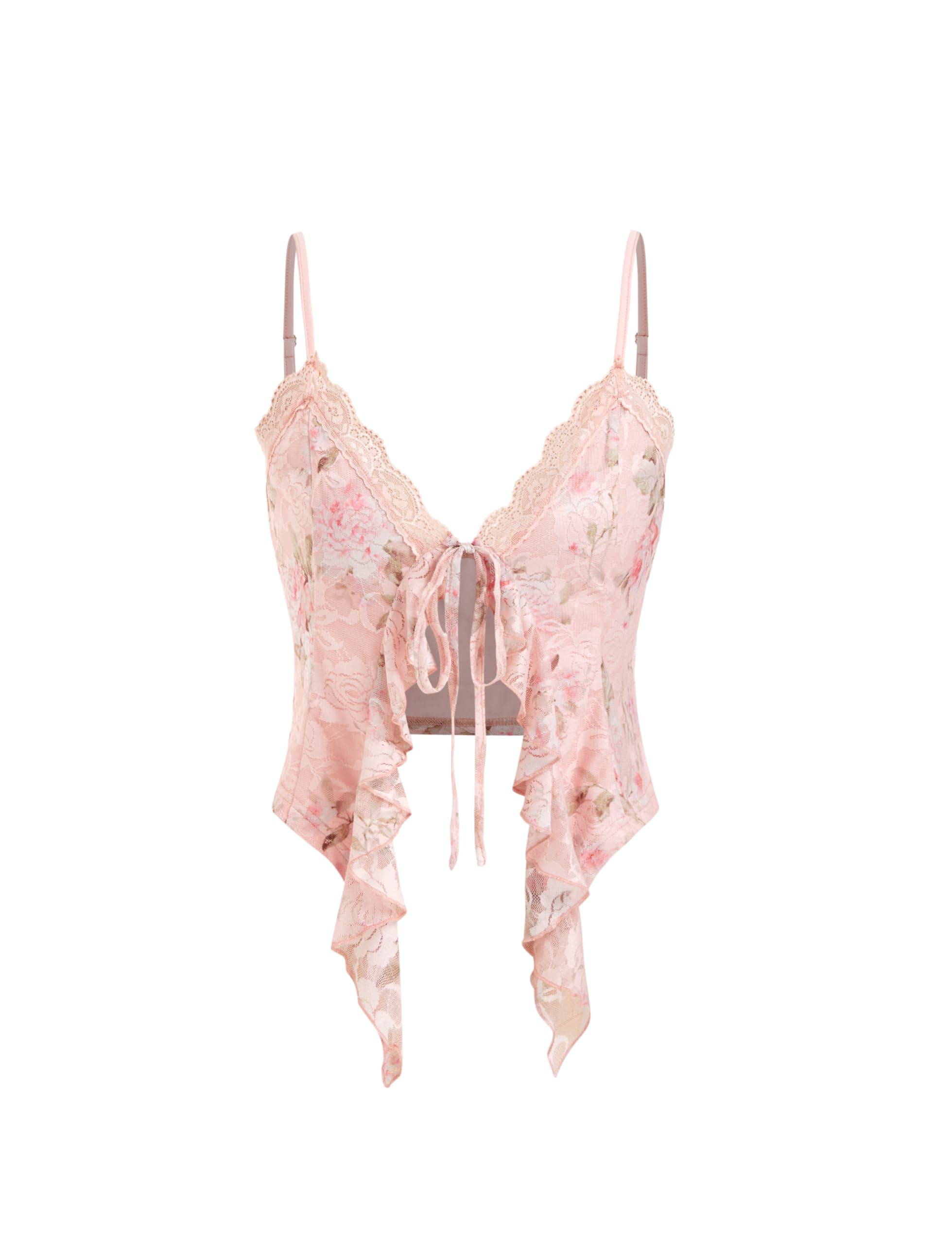 CIDER Going Out Tops for Women Y2K Tie Front Asymmetrical Ruffle Hem Lace Spaghetti Strap Cowgirl Crop Tops