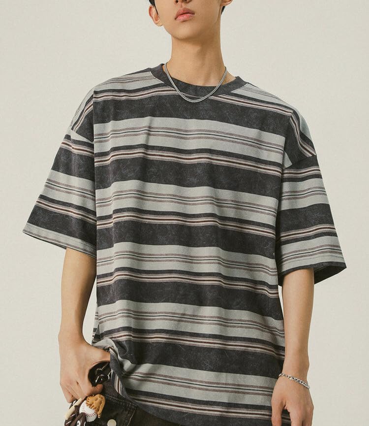 Men's Y2K Striped Baggy T-Shirt Alt Emo Summer Crewneck Short Sleeve Streetwear Top Harajuku Grunge Aesthetic Tees