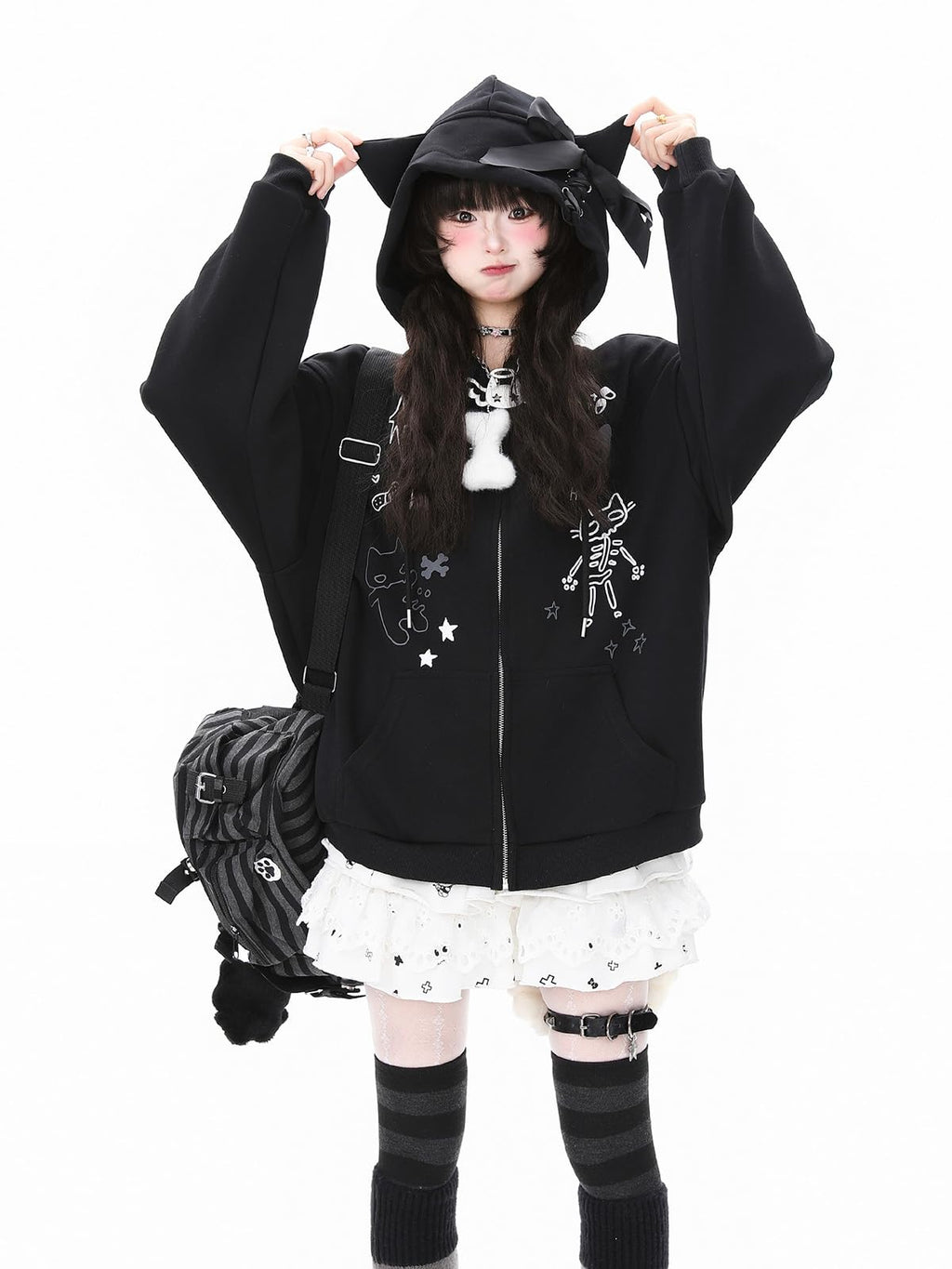 Womens Y2K Zip Up Cute Graphic Hoodies Cat Ears Casual Cartoon Harajuku Kawaii Clothes Oversize Streetwear Jacket