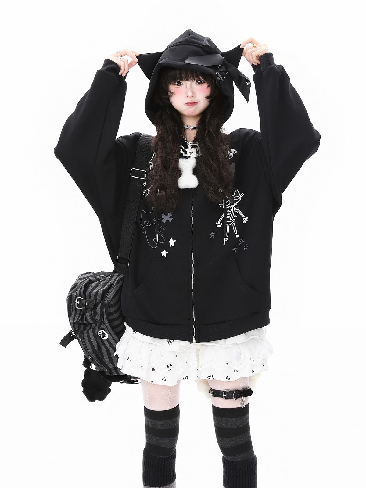 Womens Y2K Zip Up Cute Graphic Hoodies Cat Ears Casual Cartoon Harajuku Kawaii Clothes Oversize Streetwear Jacket