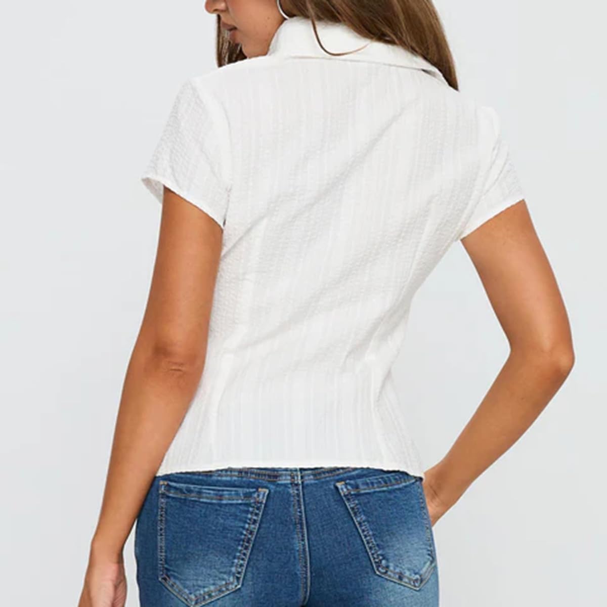 Women Y2k Short Sleeve Button Up Shirt Lapel Collar V Neck Plaid Open Front Blouse Basic Casual Going Out T-Shirt