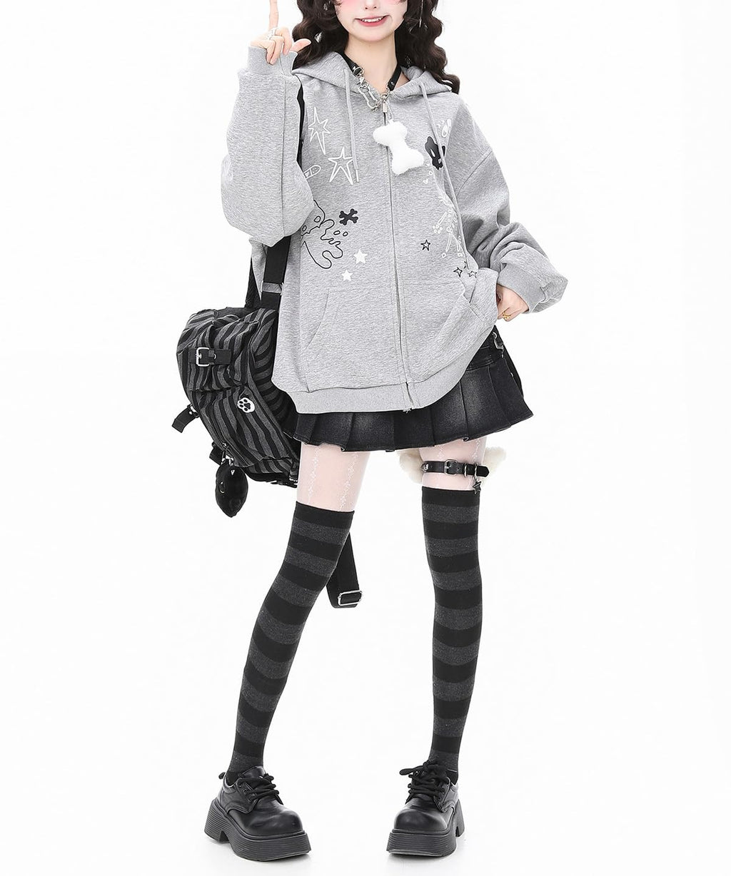Womens Y2K Zip Up Cute Graphic Hoodies Cat Ears Casual Cartoon Harajuku Kawaii Clothes Oversize Streetwear Jacket