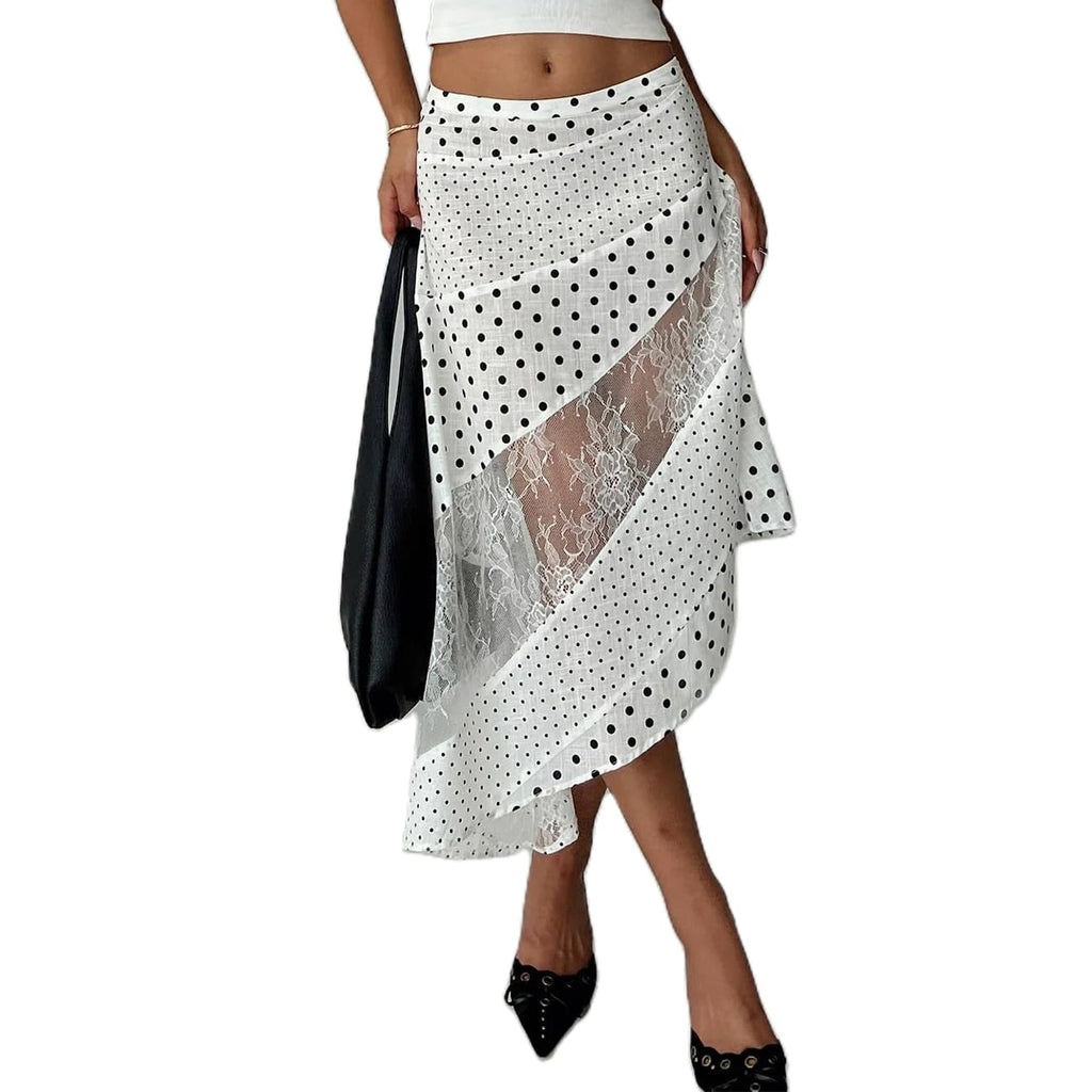 Women Y2K Maxi Skirt Coquette Hight Waist Lace Patchwork Irregular Hem Flowy Midi Skirt Summer Vacation Beachwear