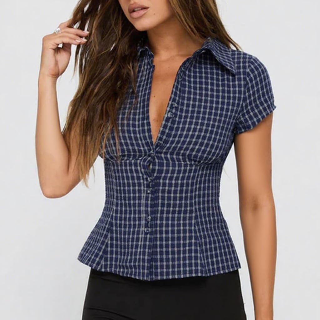 Women Y2k Short Sleeve Button Up Shirt Lapel Collar V Neck Plaid Open Front Blouse Basic Casual Going Out T-Shirt