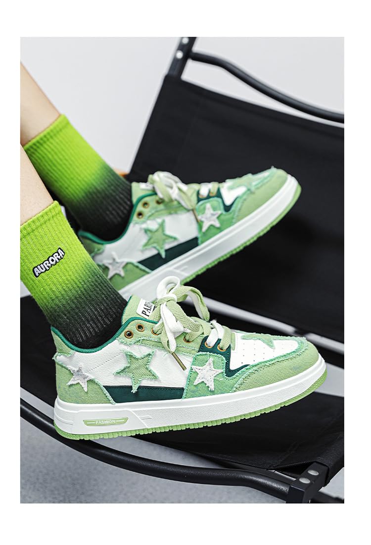 Y2K Retro Mixed Media Platform Skate Sneakers for Men Casual Streetwear Fashion with Raw Edge Distressed Star Applique