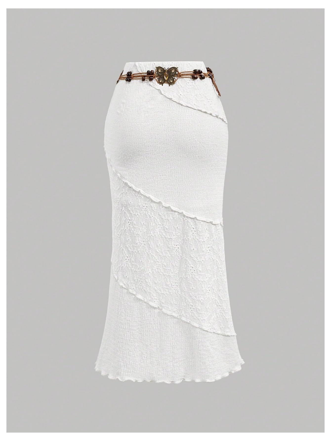 Milumia Women's Y2K Summer Boho Bodycon Long Skirts Crochet Knitted Lettuce Trim Midi Skirt with Belt