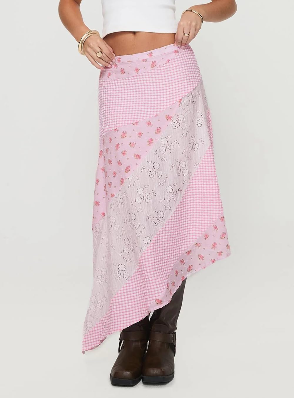 Women Y2K Maxi Skirt Coquette Hight Waist Lace Patchwork Irregular Hem Flowy Midi Skirt Summer Vacation Beachwear