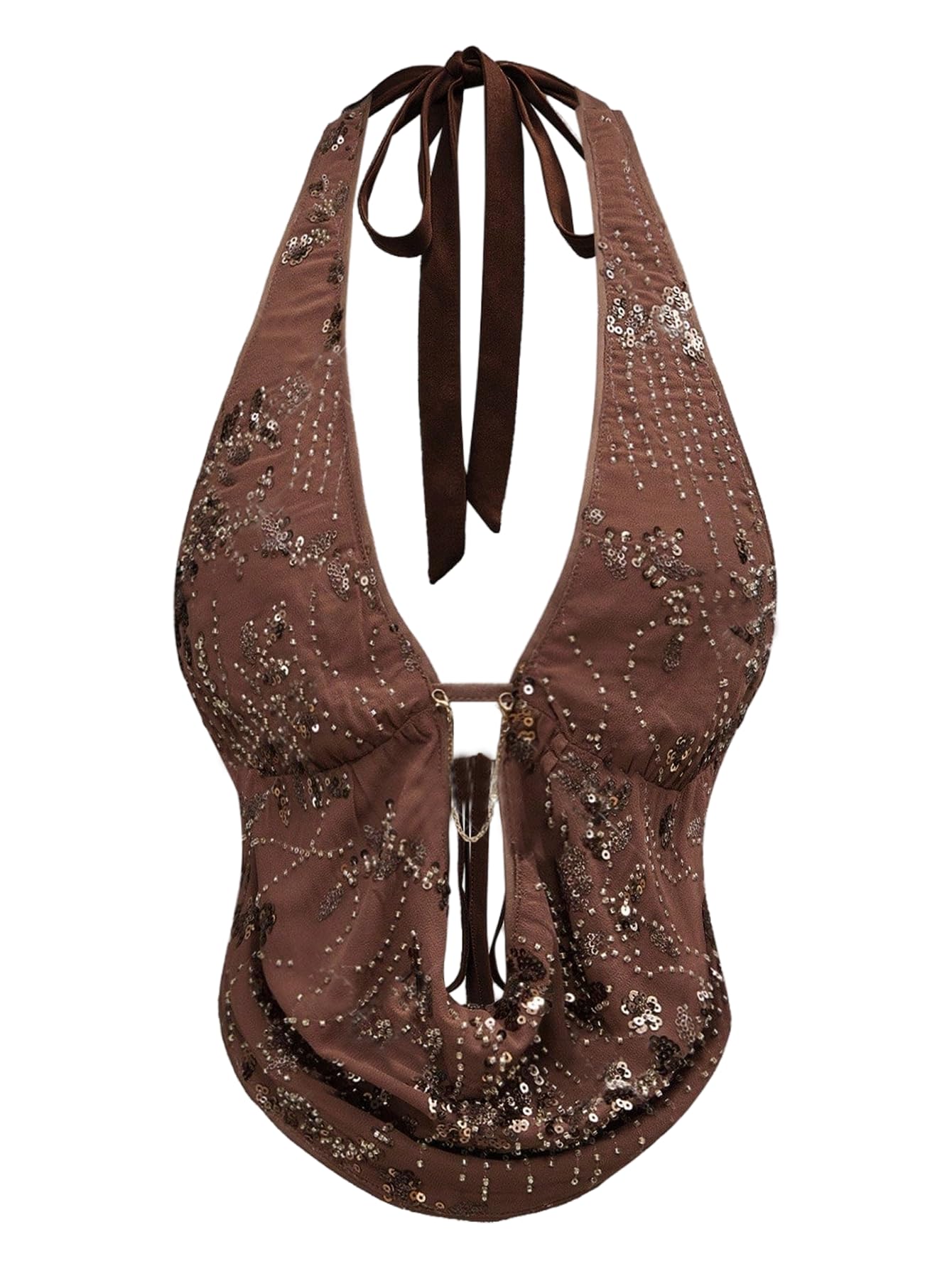 Verdusa Women's Cheetah Print Sequin Top Y2K Tie Back Corset Halter Going Out Crop Tops