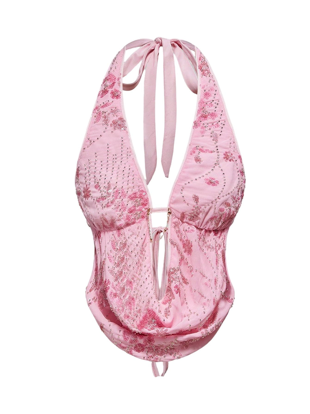 Verdusa Women's Cheetah Print Sequin Top Y2K Tie Back Corset Halter Going Out Crop Tops