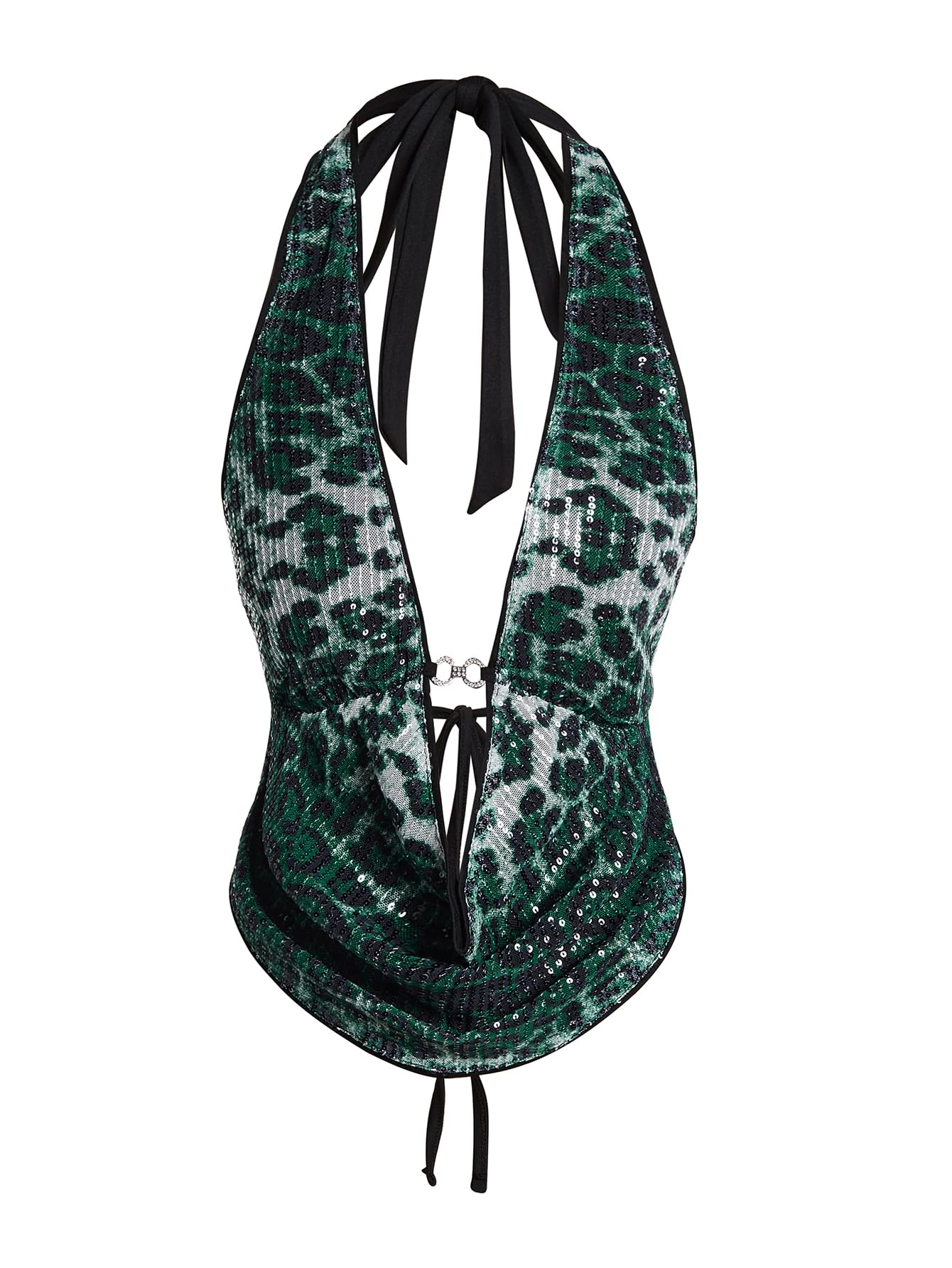 Verdusa Women's Cheetah Print Sequin Top Y2K Tie Back Corset Halter Going Out Crop Tops