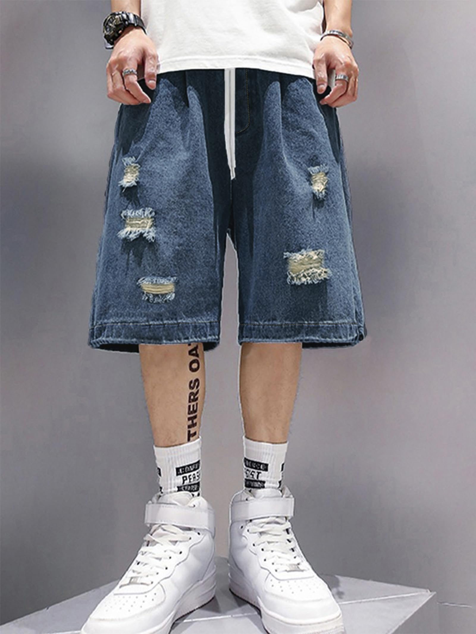 EMMIOL Baggy Jean Shorts Men, Y2k Jorts Cargo Ripped Elastic Waist, Mens Denim Shorts Comfy Casual Streetwear Summer