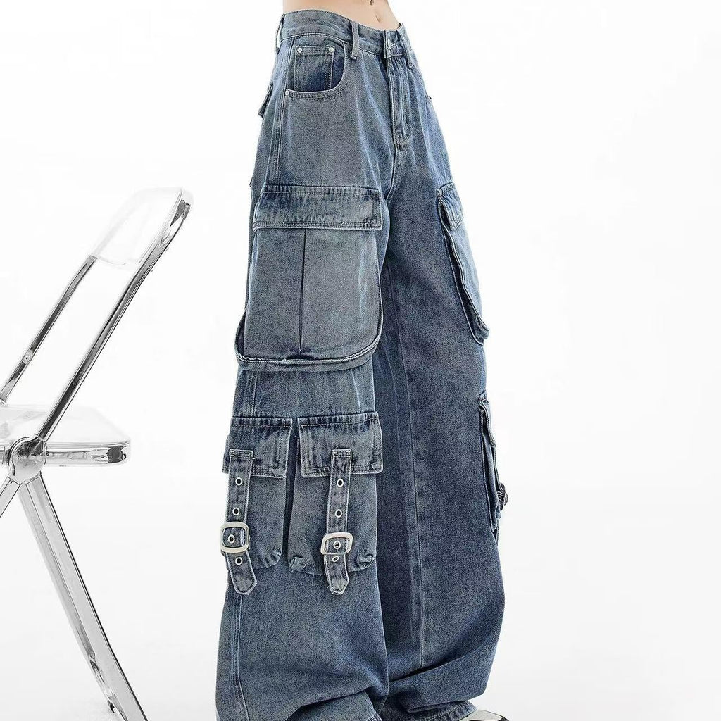 BXCNCKD Women's Retro Washed Workwear Jeans, Multi Pocket Street Loose Wide Leg Jeans, Y2K Jeans