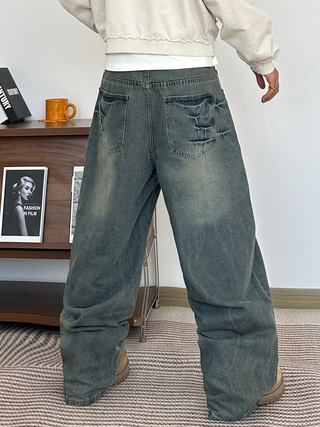 Mens Streetwear Hip Hop Baggy Jeans Wide Leg Skater Denim Pants Loose Long Trousers