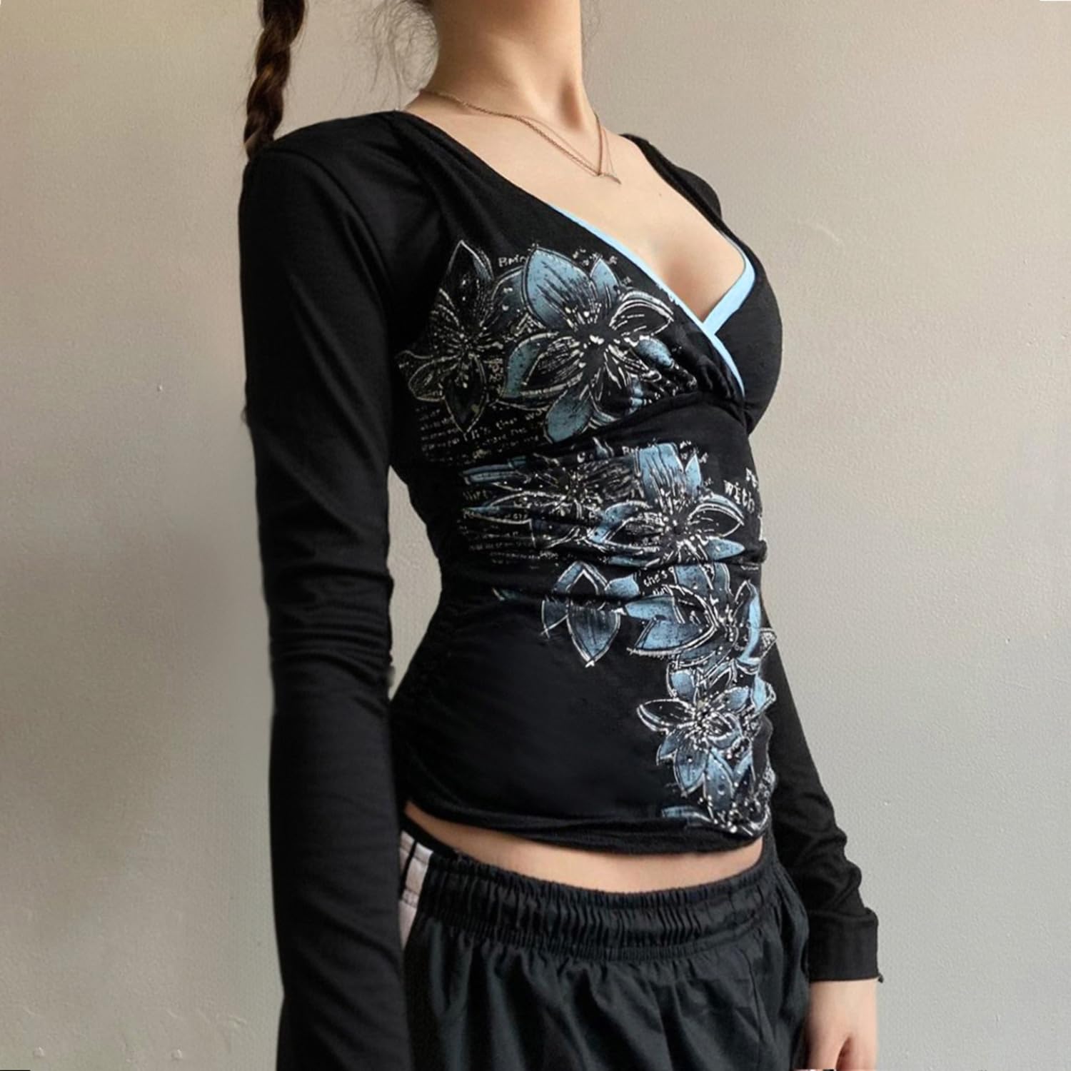 Y2k V Neck Floral Tops Women Fairy Grunge Vintage Long Sleeve Top 2000s Emo Graphic Cute Teen Girls Clothe