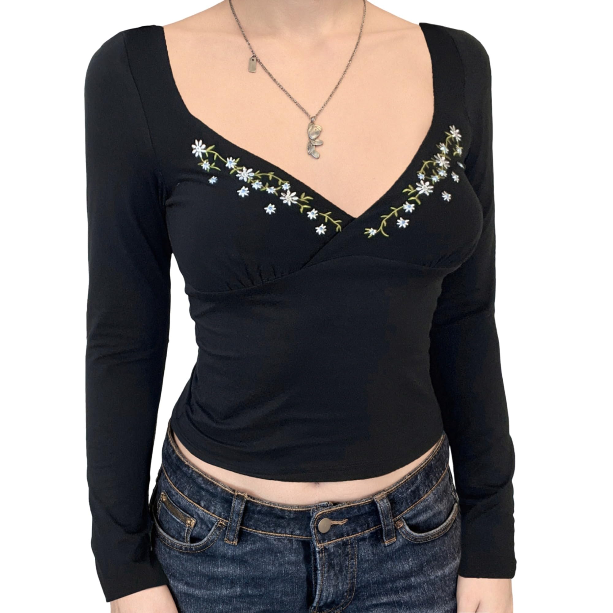 Y2k V Neck Floral Tops Women Fairy Grunge Vintage Long Sleeve Top 2000s Emo Graphic Cute Teen Girls Clothe