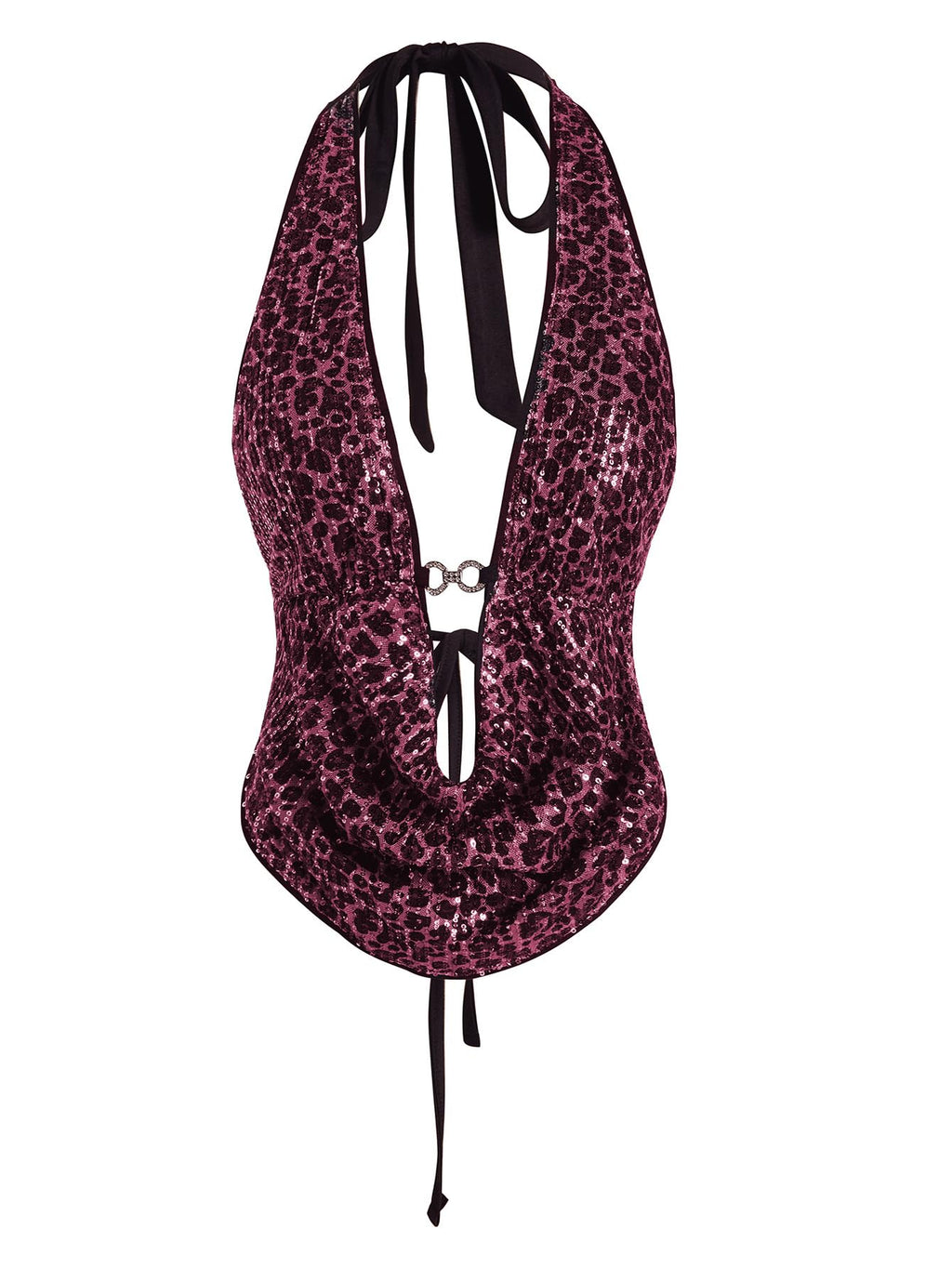 Verdusa Women's Cheetah Print Sequin Top Y2K Tie Back Corset Halter Going Out Crop Tops