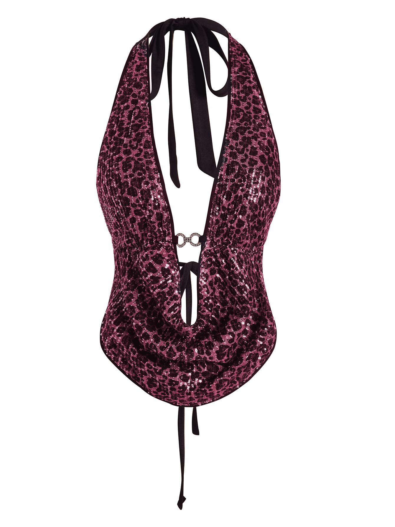 Verdusa Women's Cheetah Print Sequin Top Y2K Tie Back Corset Halter Going Out Crop Tops