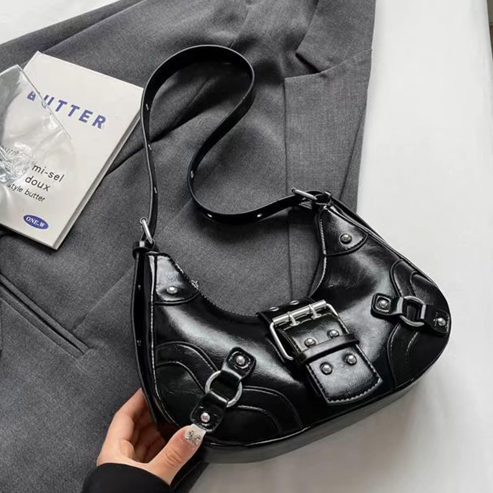Y2k Purses for Women, Small Hobo Shoulder Bags Handbag Goth Punk Clutch Purse Trendy Underarm Bag