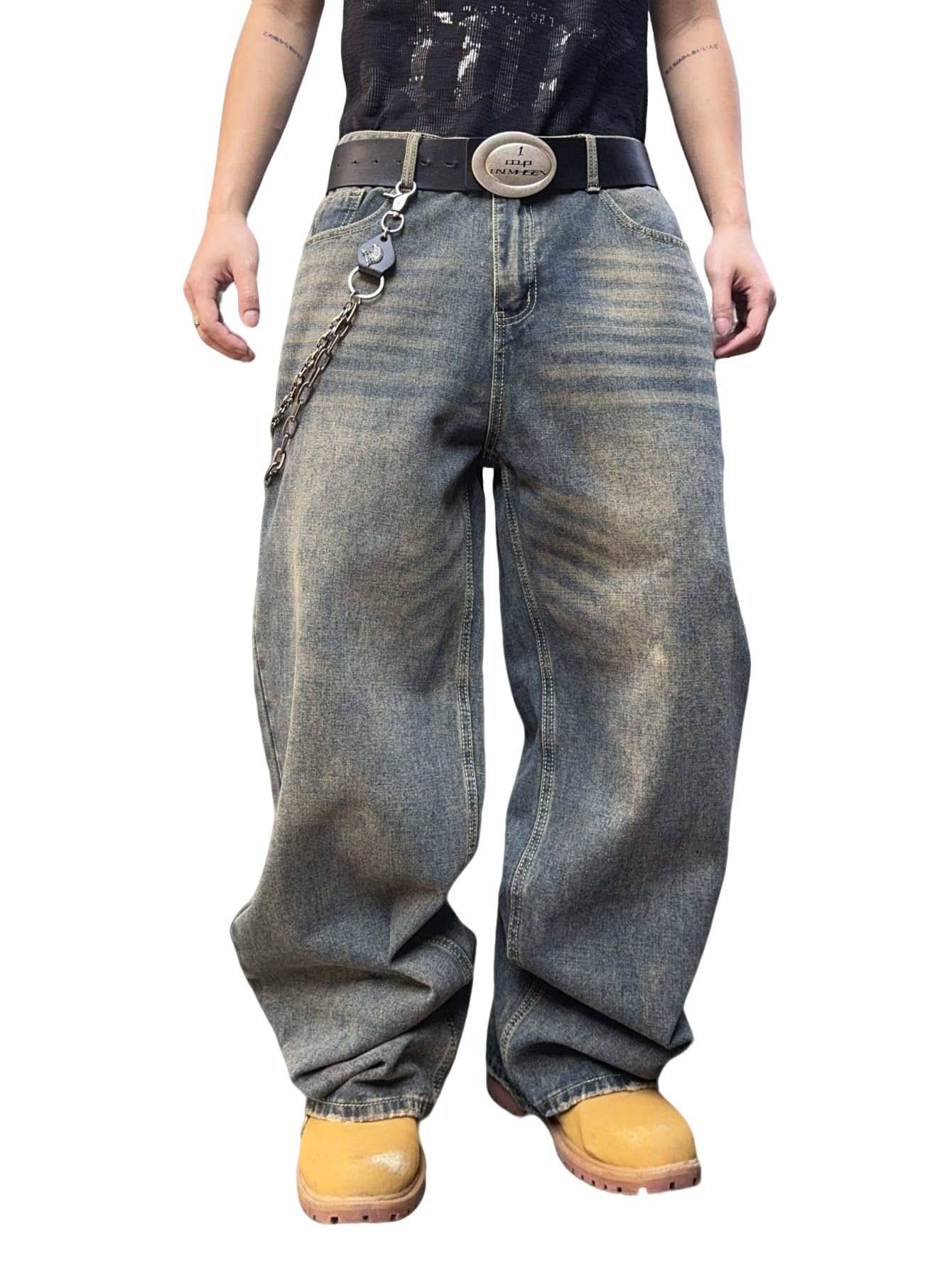 Mens Streetwear Hip Hop Baggy Jeans Wide Leg Skater Denim Pants Loose Long Trousers
