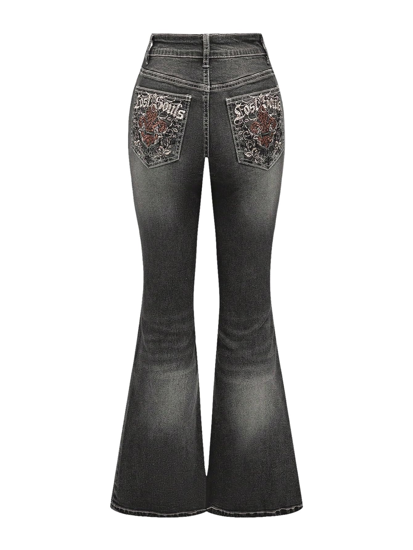 MakeMeChic Women's Flared Jeans Bell Bottom Jeans Embroidered Y2K High Waist Stretchy Denim Pants