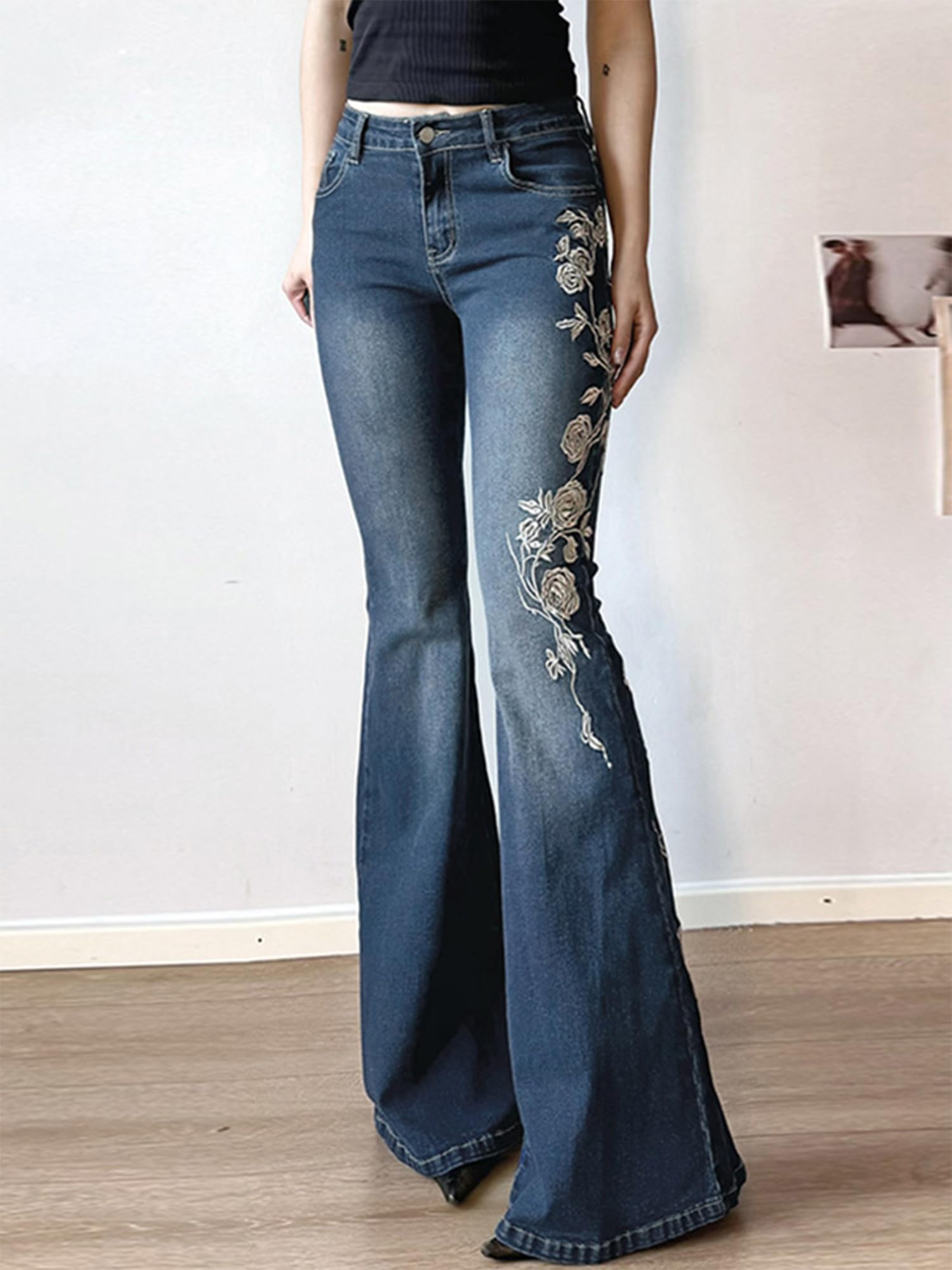 Women Bell Bottom Jeans Stretchy Flare Mid Rise Embroidery Vintage Denim Pants 90s Outfits Y2k Clothes