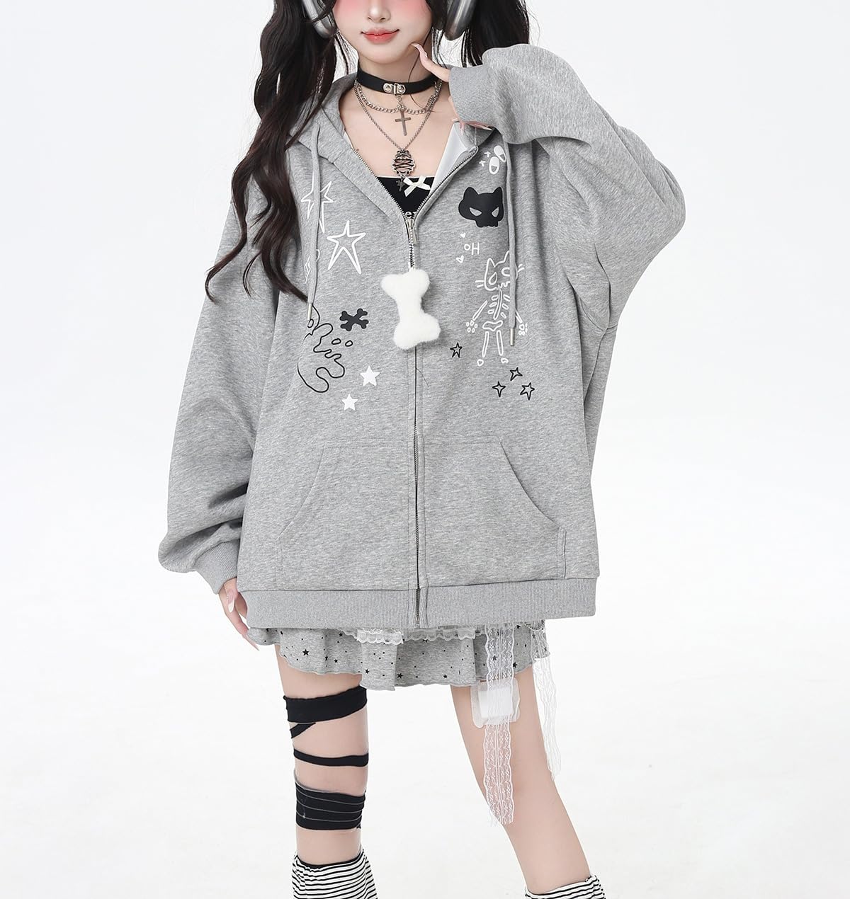 Womens Y2K Zip Up Cute Graphic Hoodies Cat Ears Casual Cartoon Harajuku Kawaii Clothes Oversize Streetwear Jacket