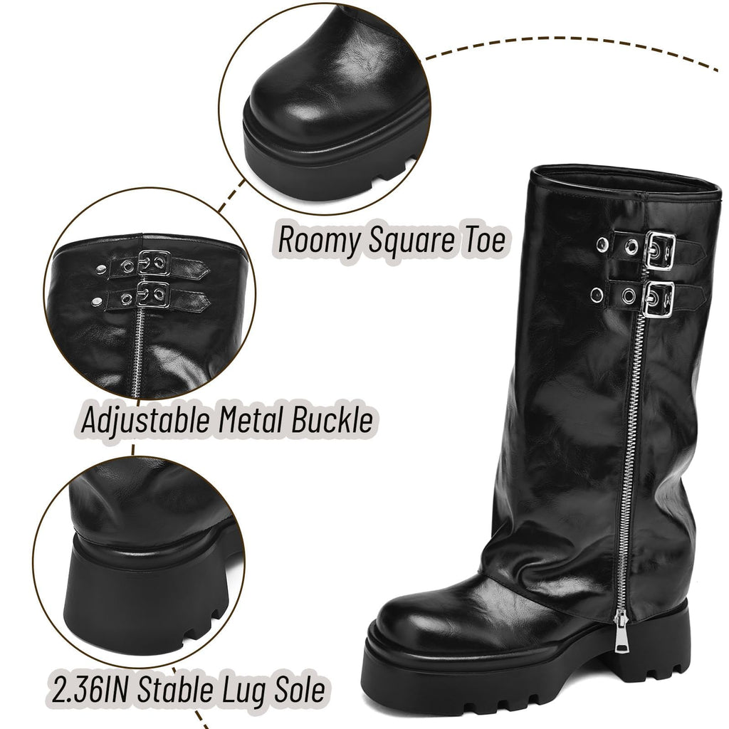 Women's Knee High Boots Buckle Moto Biker Boots for Women Platform Fold Over Tall Boots Chunky Low Heel Wide Calf Boots