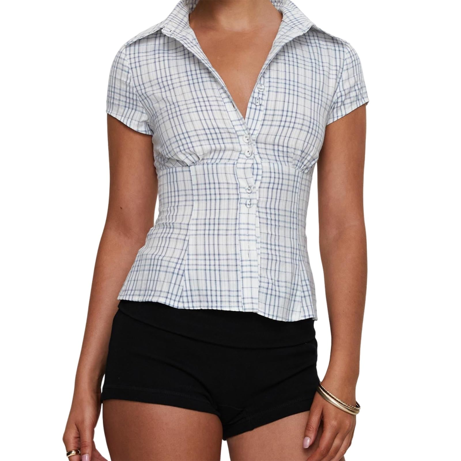 Women Y2k Short Sleeve Button Up Shirt Lapel Collar V Neck Plaid Open Front Blouse Basic Casual Going Out T-Shirt