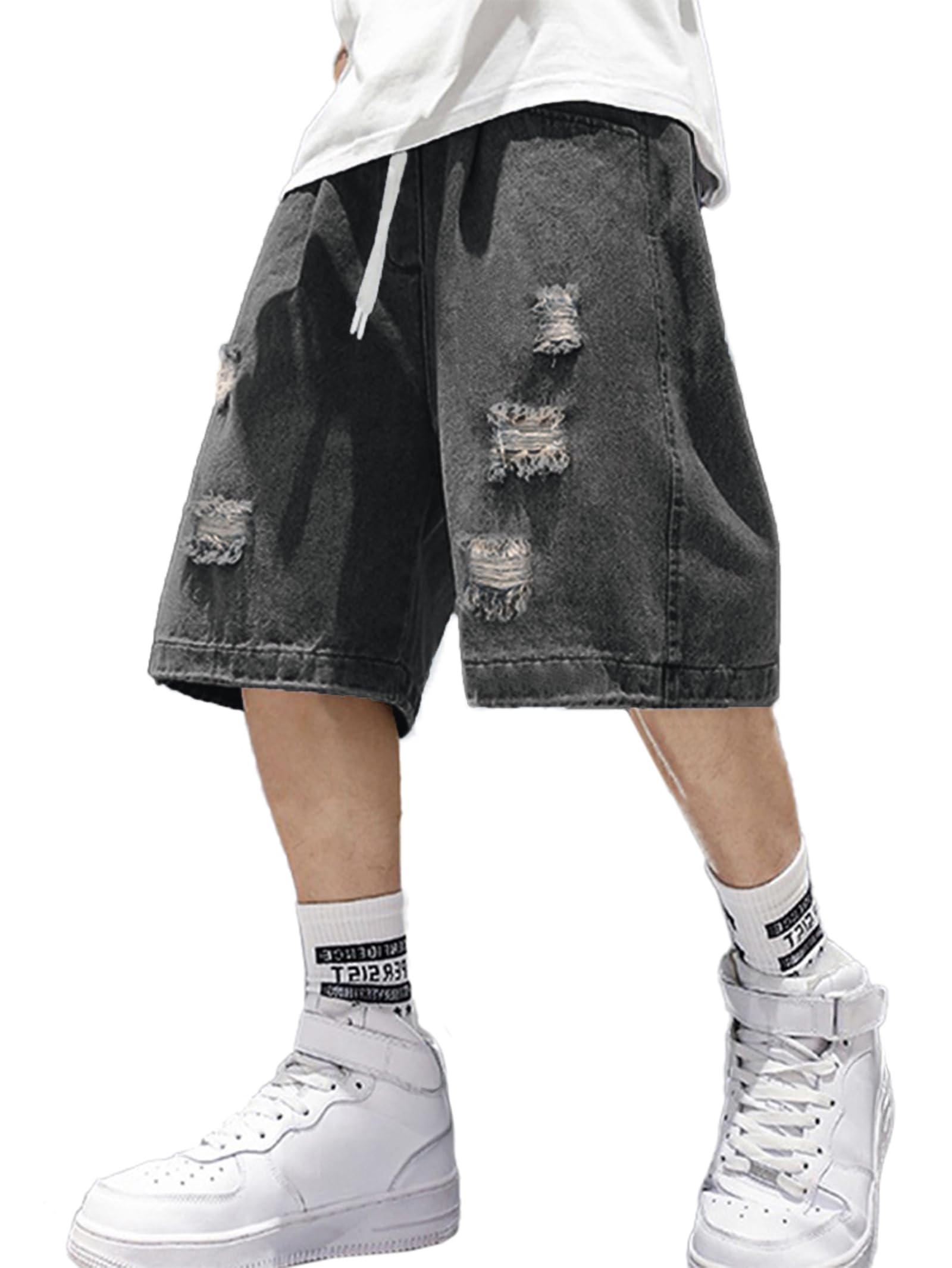 EMMIOL Baggy Jean Shorts Men, Y2k Jorts Cargo Ripped Elastic Waist, Mens Denim Shorts Comfy Casual Streetwear Summer