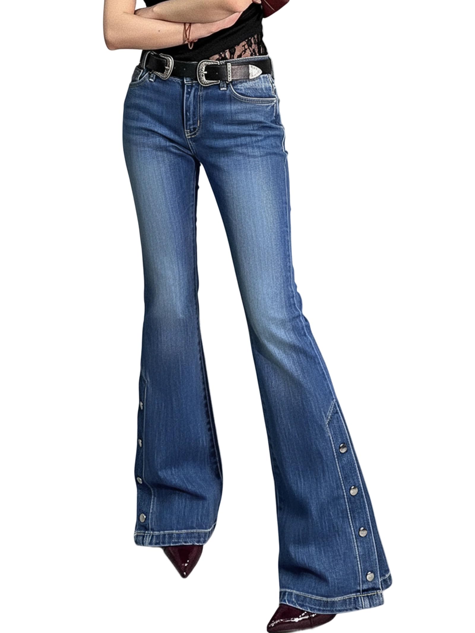 Women Bell Bottom Jeans Stretchy Flare Mid Rise Embroidery Vintage Denim Pants 90s Outfits Y2k Clothes