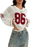 Verdusa Women's Y2k Tops Jersey Shirts Oversized Crochet Graphic Going Out Tops V Neck Pullover Sweater Streetwear