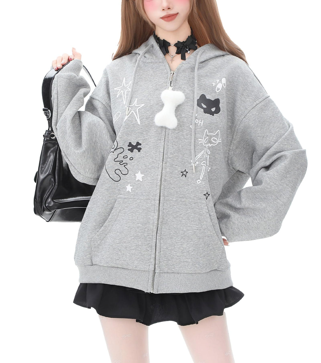 Womens Y2K Zip Up Cute Graphic Hoodies Cat Ears Casual Cartoon Harajuku Kawaii Clothes Oversize Streetwear Jacket