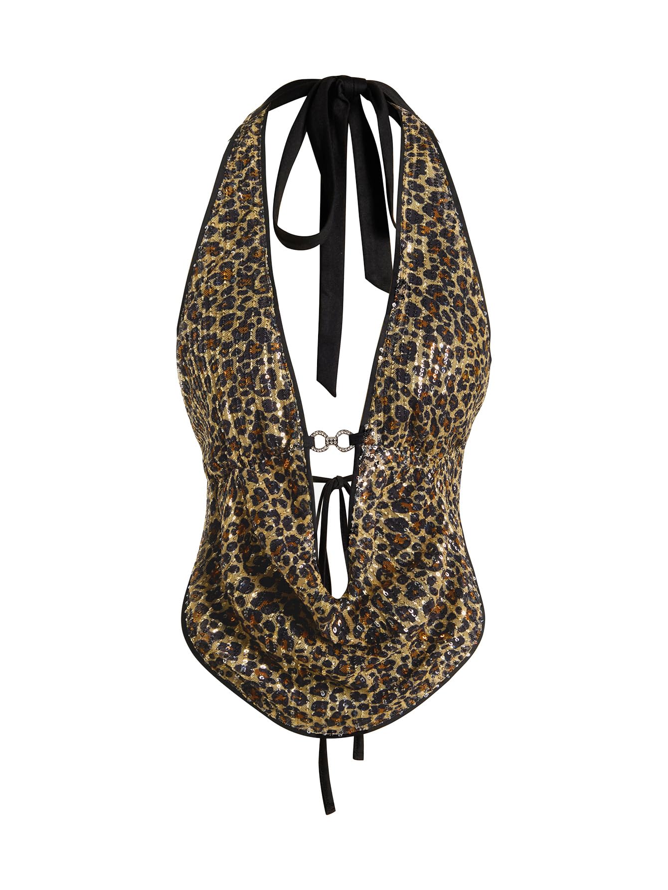 Verdusa Women's Cheetah Print Sequin Top Y2K Tie Back Corset Halter Going Out Crop Tops